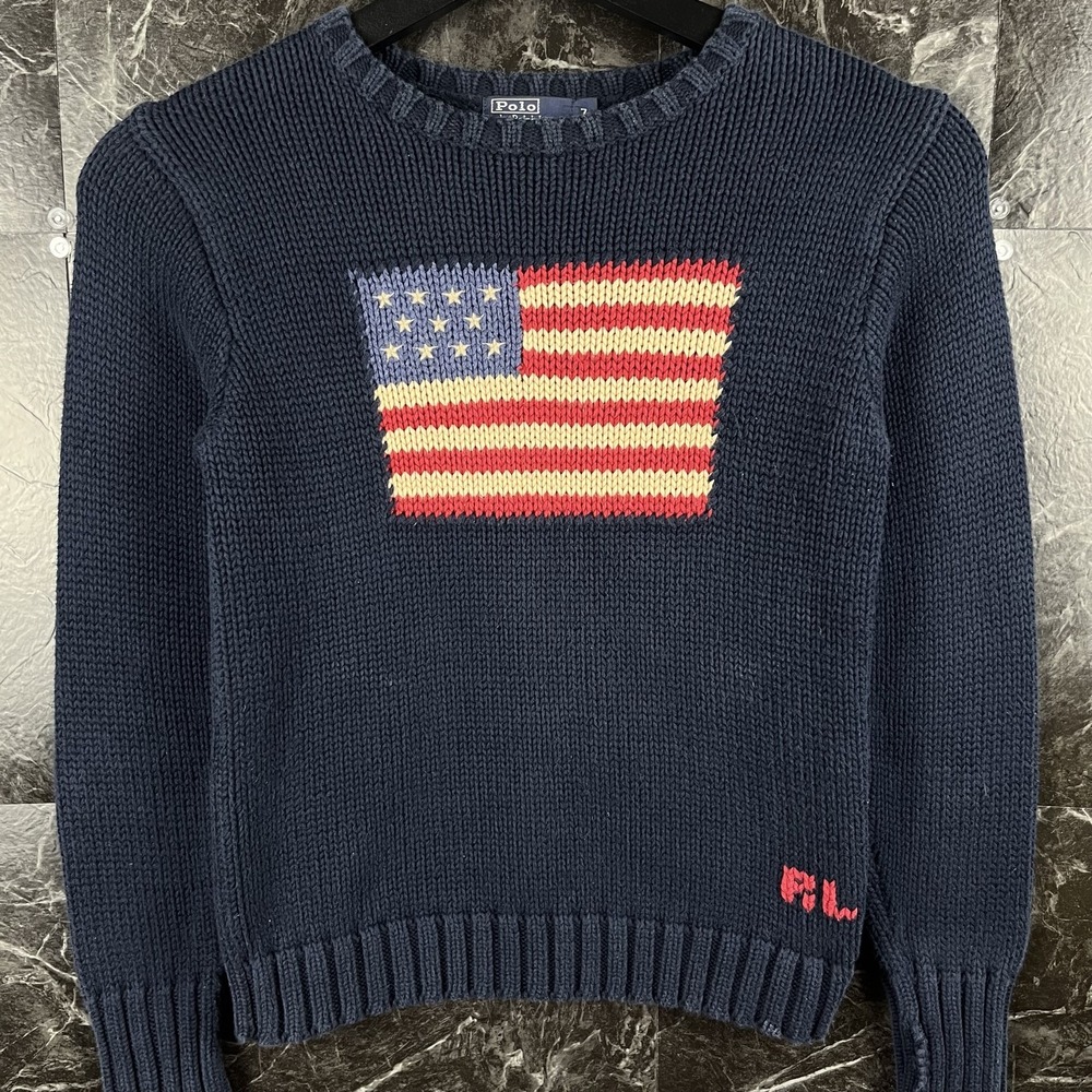 Polo Ralph Lauren Boy's Navy USA Flag Knit Sweater 7
